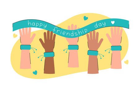 Multiracial hands raised up in friendship bracelets on a yellow background. International Friendship...