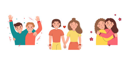 Set of happy friends in friendship bracelets vector flat illustration. International Friendship Day...