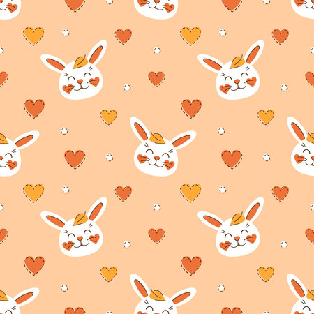 Autumn seamless pattern cute rabbits with fallen leaves and hearts on orange background. White happy bunny. Children vector illustration for fabric, textile, wallpaperのイラスト素材