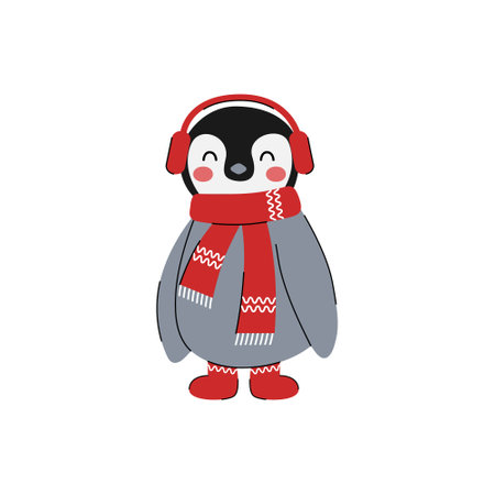 Cute little penguins in winter clothes isolated on white background. Christmas and New Year animalのイラスト素材