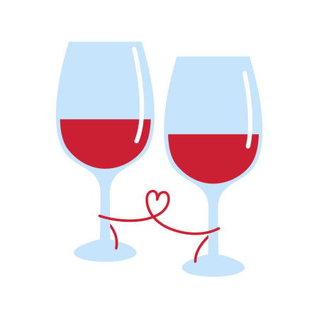 Two glasses with red wine isolated on white background. Love, romantic, valentine's day flat vector illustrationのイラスト素材
