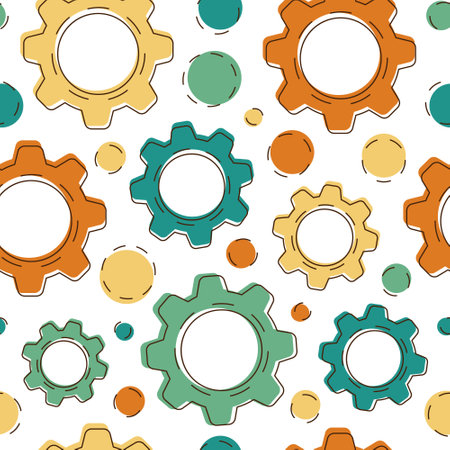 Seamless pattern with colorful gears, circles and white background. vector flat illustrationのイラスト素材