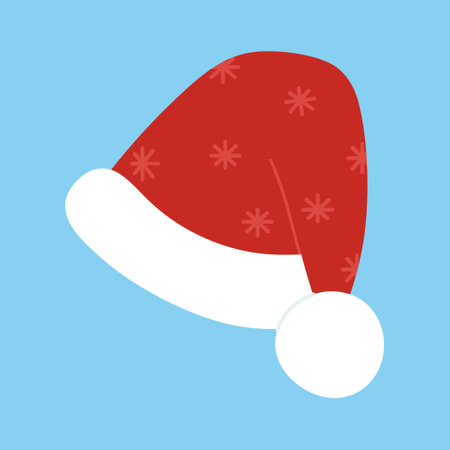 Red Christmas hat isolated on blue background. Santa Claus hat with snowflakes. vector flat illustrationのイラスト素材