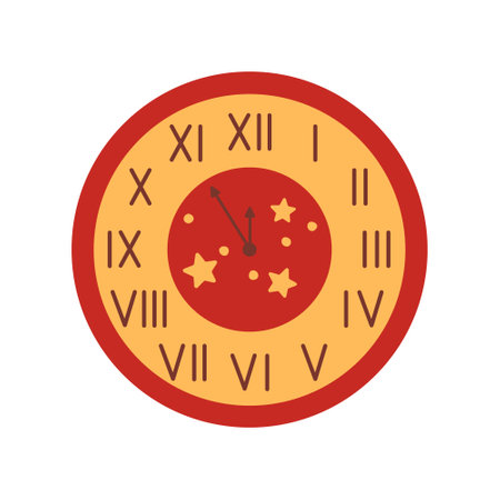 Christmas wall clock with stars isolated on white background. Countdown clock to the New Year. Roman numerals. vector flat illustrationのイラスト素材