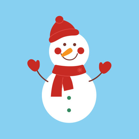 Happy snowman in a red hat, scarf and mittens isolated on blue background. Vector flat illustration for winter, Christmas, New Yearのイラスト素材