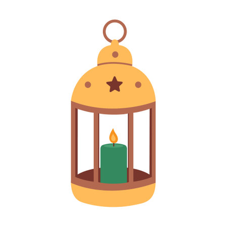 Yellow and brown lantern with a green burning candle inside isolated on white background. vector flat illustrationのイラスト素材