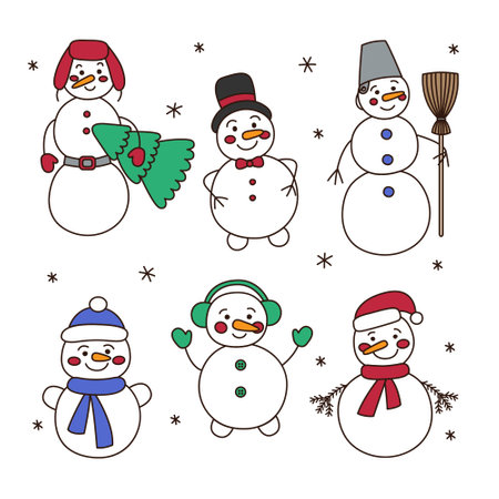 Set of different cute snowmen in hats, mittens, scarves, with a Christmas tree and a broom in doodle style isolated on white background. Vector illustration for winter, New Yearのイラスト素材