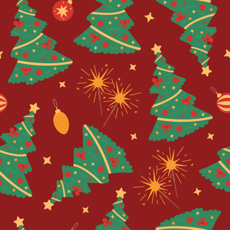 Christmas seamless pattern with christmas tree, sparklers and ornaments on red background. Vector flat illustration with holiday, New Year elementsのイラスト素材