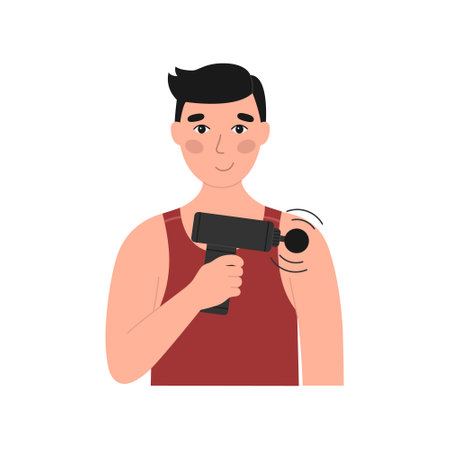 Young man massage his shoulder using muscle massage gun. percussion massager. Vector flat illustration isolated on white backgroundのイラスト素材