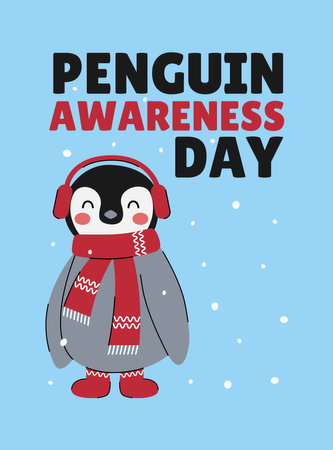 Penguin Awareness Day vector illustration on blue background. Happy penguin in headphones, scarf and socksのイラスト素材