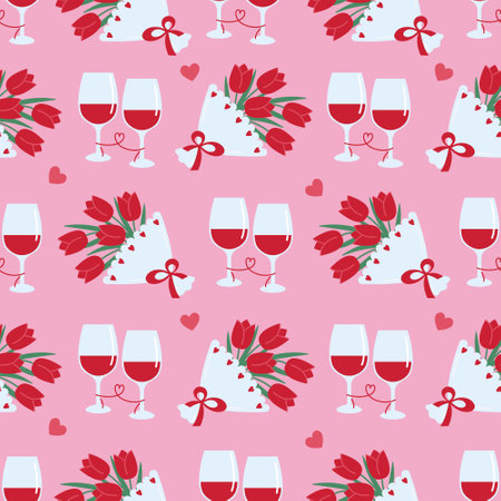 Seamless pattern with glasses of wine and bouquets of flowers on pink backround. Vector flat illustration for Valentines Day, Birthday, 8 March and other holidayのイラスト素材