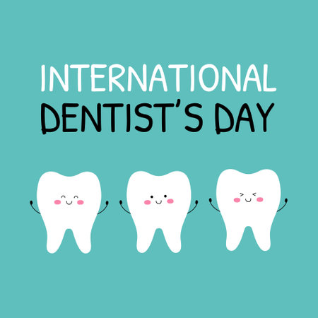 International Dentist's Day vector illustration. Three cute tooth characters for card, banner or posterのイラスト素材