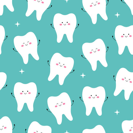 Seamless pattern with cute tooth characters with face with different emotions and hands. vector flat illustrationのイラスト素材