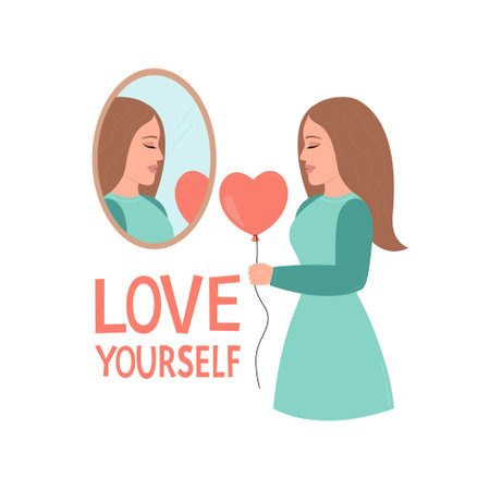 Self love, love yourself concept. Young woman gives a heart-shaped balloon to her mirror reflection. vector flat illustrationのイラスト素材