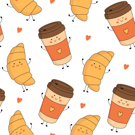Seamless pattern with cute croissant and paper coffee cup characters with smiling face, hands and legs. Funny happy cartoon mascot. vector flat illustrationのイラスト素材