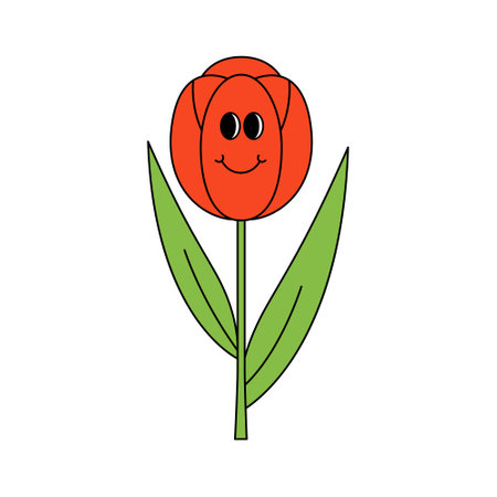 Retro 70s groovy smiling tulip character. spring; summer flowers. Cartoon hippie isolated vector illustrationのイラスト素材