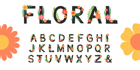 Floral english alphabet. Set of letters with flowers, leaves and branches. Colorful latin font. Vector flat illustration isolated on whiteのイラスト素材