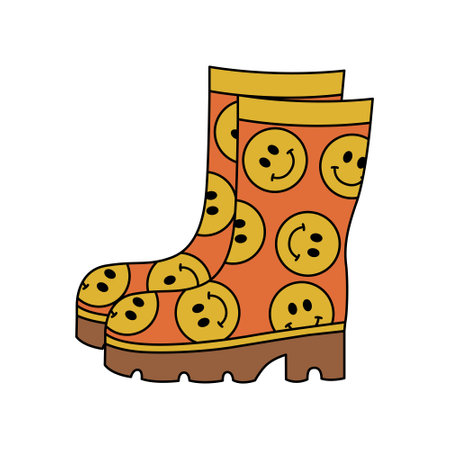 Retro groovy orange rubber boots with yellow smiling emoticons. Garden, autumn concept. Cartoon isolated vector illustrationのイラスト素材