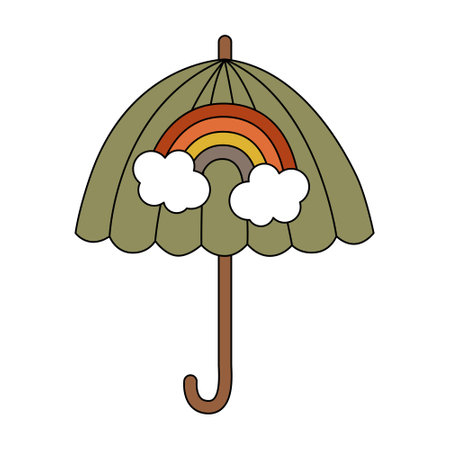 Retro groovy green umbrella with rainbow. Accessory with handle for rain protection. Cartoon isolated vector illustrationのイラスト素材