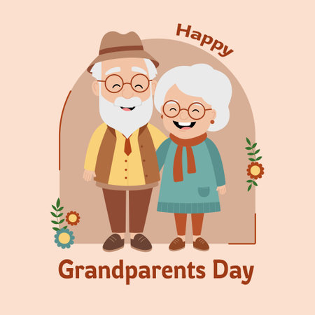 Happy Grandparents Day. Holiday design with cute older couple for social media post, banner, poster, card. Grandma and grandpa hugging each other. Vector flat illustration on beige backgroundのイラスト素材