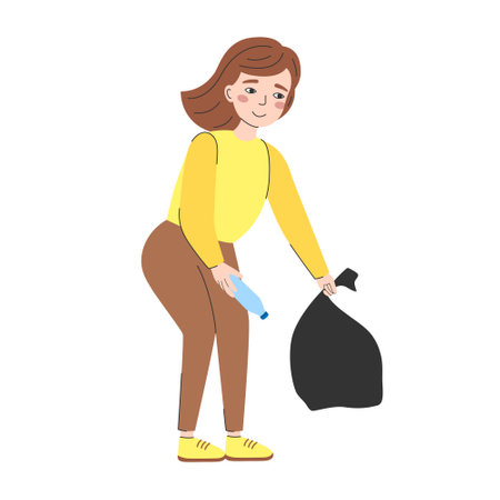 Young woman collecting garbage into rubbish bag. Girl holding plastic bottle and bag in hands. Volunteer, environmental protection concept.のイラスト素材