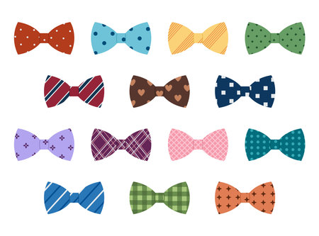 Set of colored man bow ties with different patterns. Butterfly neck tie collection for business or party. Accessories for man suits. Vector flat illustration isolated on white backgroundのイラスト素材