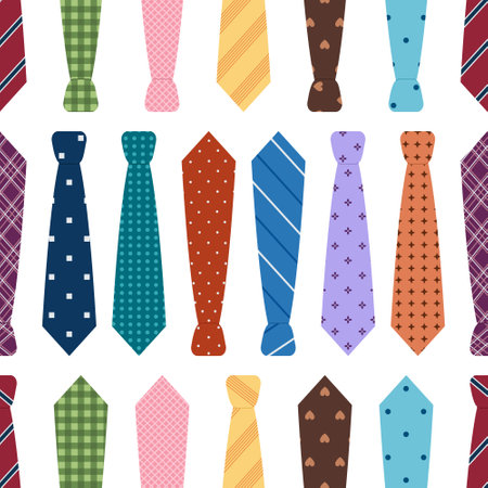 Seamless pattern with neckties. Colored male ties with different ornaments on white background. Business or party accessory. Vector flat illustrationのイラスト素材