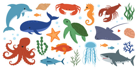 Set of sea and ocean animals. Cute dolphin, whale, crab, seahorse, starfish, lobster, turtle, stingray, octopus, shark, jellyfish and fish. Wild marine creatures. Underwater life. Vector illustrationのイラスト素材