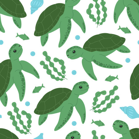 Seamless pattern with cute green turtles, seaweed, shells, fish and bubbles. Vector flat illustration isolated on white background. Marine print with sea and ocean animalsのイラスト素材