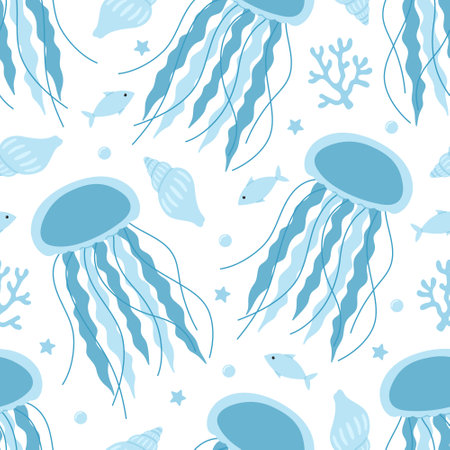 Seamless pattern with cute blue jellyfish, seaweed, shells, fish, starfish and bubbles. Vector flat illustration isolated on white background. Marine print with sea and ocean animalsのイラスト素材