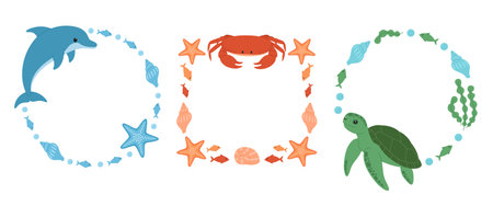 Set of frames with sea animals. Round and square frames wirh dolphin, crab and turtle. Marine collection. Vector flat illustration isolated on white backgroundのイラスト素材