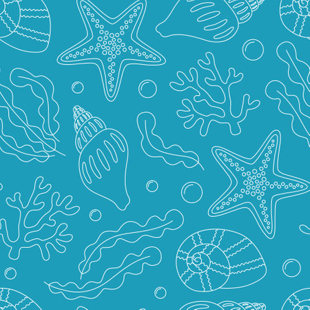 Seamless pattern with starfish, seashells, seaweed and bubbles. Contour white sea elements on a blue background. Underwater life. Vector illustrationのイラスト素材
