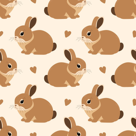 Seamless pattern with cute beige rabbit and hearts isolated on beige background. Vector flat illustrationのイラスト素材