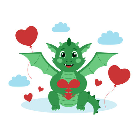 Cute green dragon with hearts and balloons. Cartoon character for Valentine's Day. Vector illustration for greeting card, poster or bannerのイラスト素材