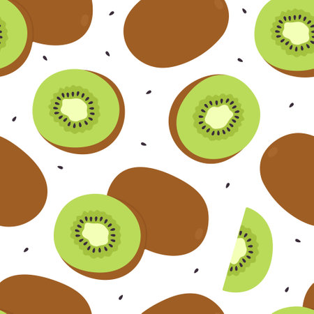 Seamless pattern with kiwi fruit, kiwi slice and seeds. Fresh and juicy eating. Vector flat illustration isolated on white backgroundのイラスト素材