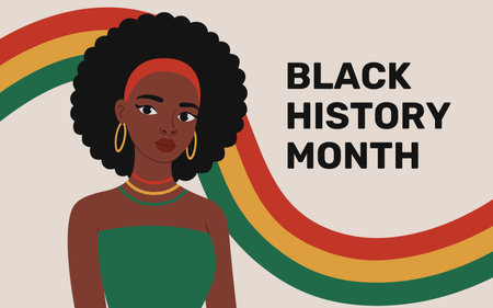 Black History Month. Holiday design with african american woman portrait and pan-african flag for social media post, banner, poster, card. Vector flat illustration isolated on white backgroundのイラスト素材