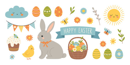 Easter spring elements set. Rabbit, chicken, eggs, basket, flowers, butterflies. Cute holiday collection. Vector flat illustration on white backgroundのイラスト素材