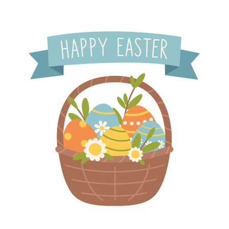 Easter basket with colorful eggs, branches and flowers and text "Happy Easter". Vector flat illustration on white backgroundのイラスト素材