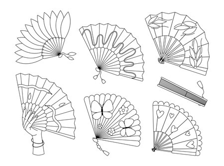 Hand fans coloring page. Asian traditional folding souvenir. Cooling accessory outline set. Collection with different design. Coloring book for printのイラスト素材