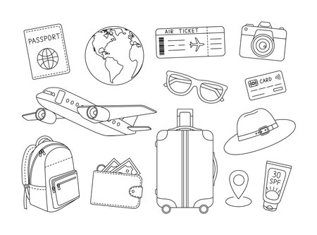 Travel set coloring page. Outline set with passport, globe, air ticket, camera, plane, sunglasses, credit card, backpack, wallet, suitcase. Adventure, tourism, vacation, trip. Coloring book for printのイラスト素材