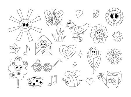 Retro 70s groovy spring and summer elements coloring page. Funky hippie outline set with cartoon flowers, leaves, tree, grass, bird, insects, heart, sun, sunglasses etc. Coloring book for print.のイラスト素材