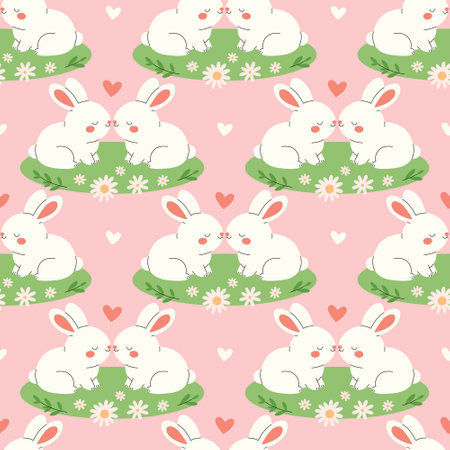 Seamless pattern with rabbits in love sitting together. Romantic rodents couple on the grass with chamomiles and hearts. Vector flat illustration on pink backgroundのイラスト素材