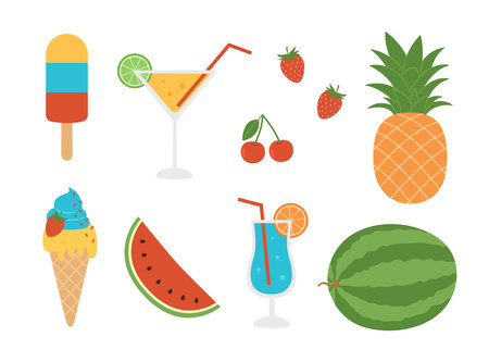 Summer fresh food set. Ice cream, cocktails, watermelon, pineapple, strawberry and cherry. Sweets, drinks and fruits collection. Vector flat illustration isolated on white backgroundのイラスト素材