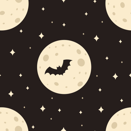 Seamless pattern with full moons, flying bat silhouette and stars on black background. Halloween night sky. Vector flat illustrationのイラスト素材
