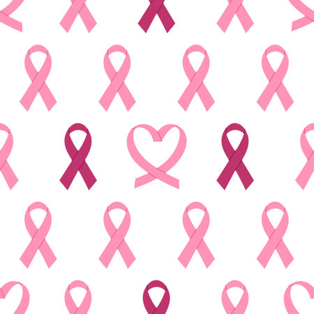 Breast Cancer Awareness Seamless Pattern. Pink October Month. Background with traditional and heart shaped pink ribbons in chess order. Vector flat illustration on whiteのイラスト素材