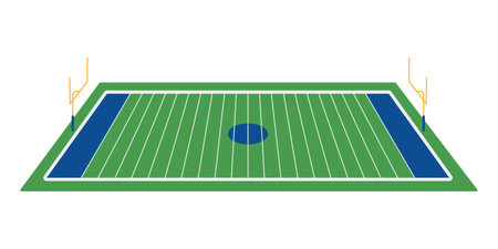 American football field with goal posts. Sports stadium ground with green grass or turf and white lines. Vector flat illustration isolated on white backgroundのイラスト素材