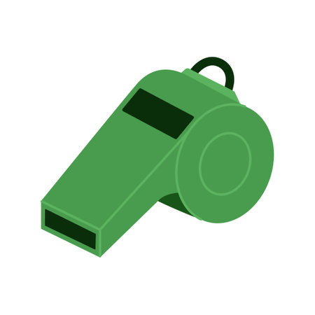 Green referee whistle. Blowing and alert tool. Sport coach equipment. Vector flat illustration isolated on white backgroundのイラスト素材