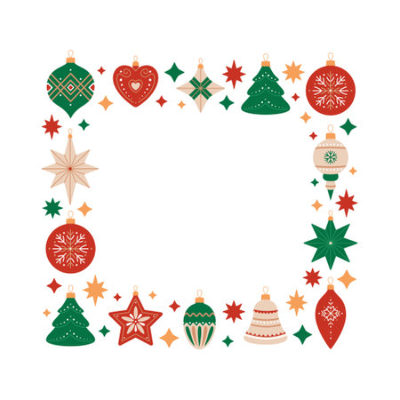 Merry Christmas and Happy New Year square frame with Christmas tree decorations of different shapes. Holiday quadratic template in red, green and beige colors on white background. Festive designのイラスト素材