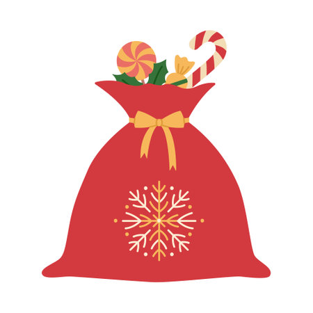 Santa Claus bag with sweets sticking out. Full red Christmas sack with snowflake and bow. Xmas and New Year celebration. Vector flat illustration isolated on white backgroundのイラスト素材