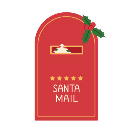 Santa Claus mailbox with envelope inside. Traditional red post box with stars and holly. Christmas letters delivery. Vector flat illustration isolated on white backgroundのイラスト素材